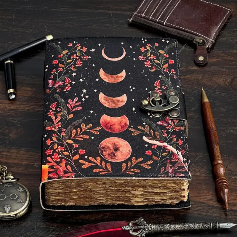 Moon phase leather journal blank book of shadows with lock handmade witchcraft grimoire notebook aged parchment pages